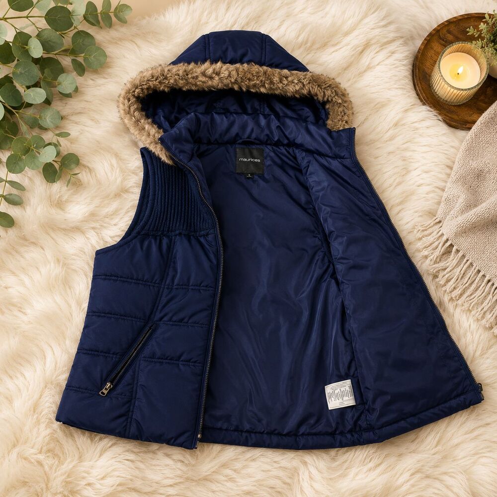 Maurices Women's Small Navy Blue Hooded Puffer Vest Faux Fur Trim Zip Pockets